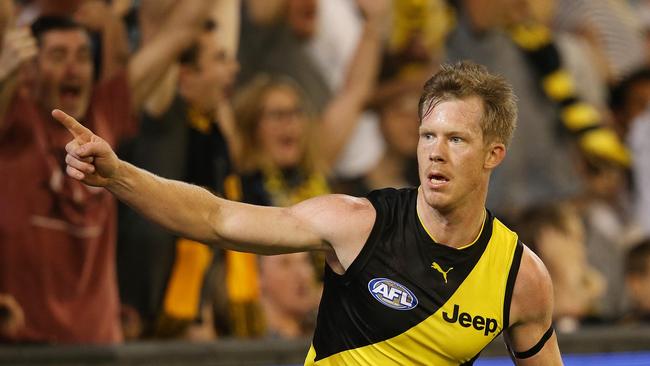 Jack Riewoldt celebrates a goal for the Tigers. Picture: Michael Klein