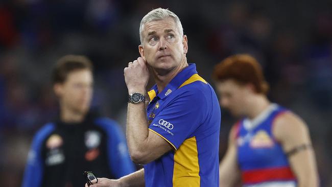 Adam Simpson’s Eagles are paying for their poor form, banished from free-to-air TV for the first 16 weeks of the AFL season. Picture: Daniel Pockett/Getty Images