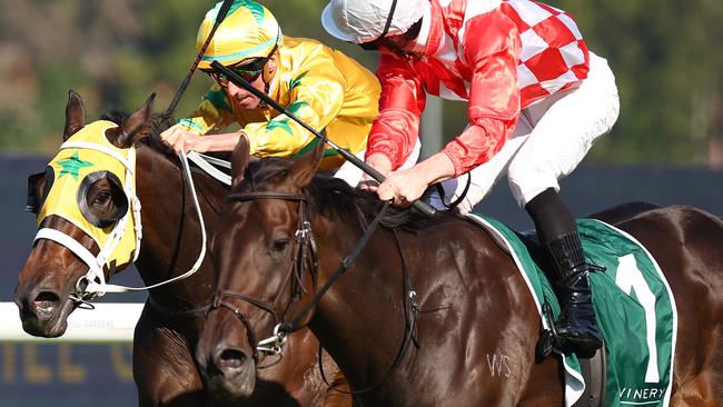 SYDNEY, AUSTRALIA - MARCH 30: James Mcdonald riding Orchestral wins Race 7 Vinery Stud Stakes during "Stakes Day" - Sydney Racing at Rosehill Gardens on March 30, 2024 in Sydney, Australia. (Photo by Jeremy Ng/Getty Images)