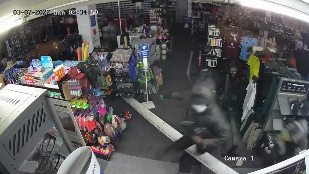 CCTV footage of a burglary at Yeppoon Intersports in 2022.