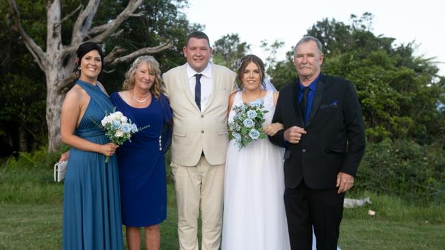 Steve Tougher with wife Madison, along with his parents, Jillian and Jeff, and sister, Jess. Picture: Supplied by family