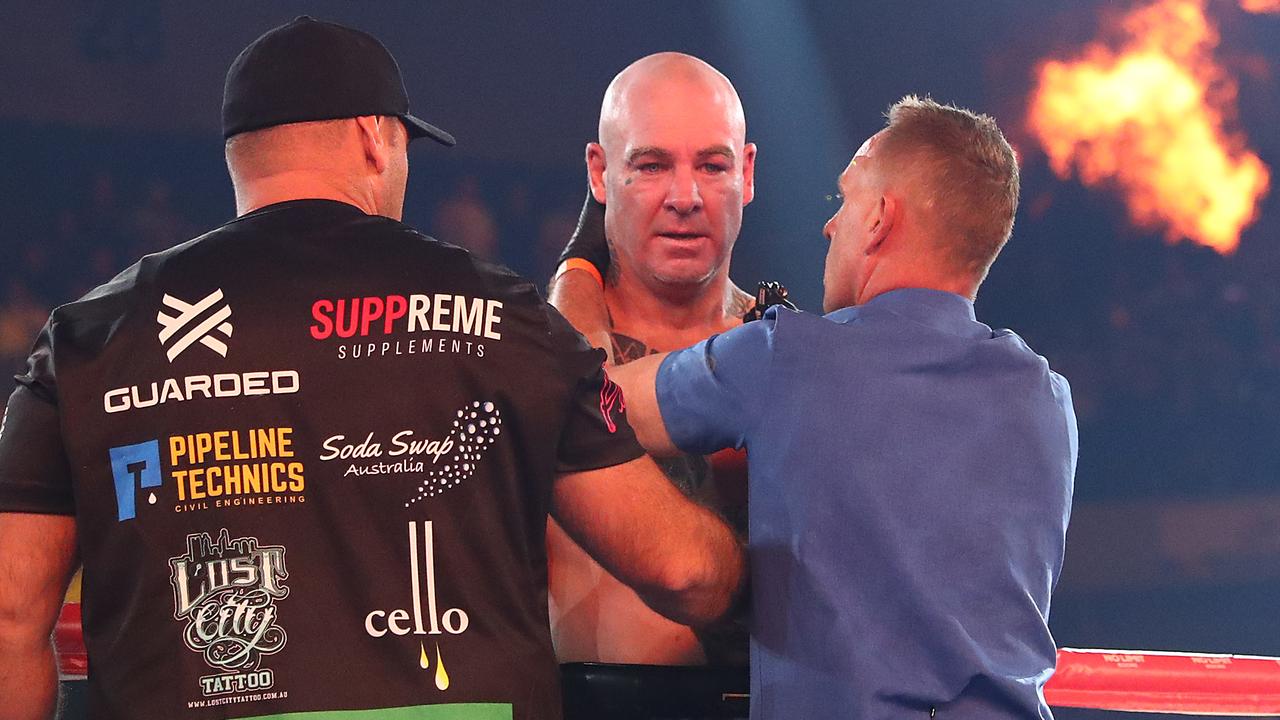 Lucas Browne is told it’s over by the referee. (Photo by Mark Metcalfe/Getty Images)