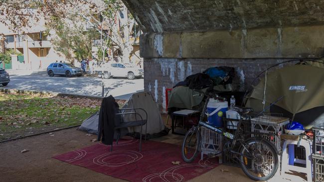 Homeless groups occupied Glebe’s Wentworth Park, around 20m away from public housing site. Picture: NCA NewsWire/ Christian Gilles