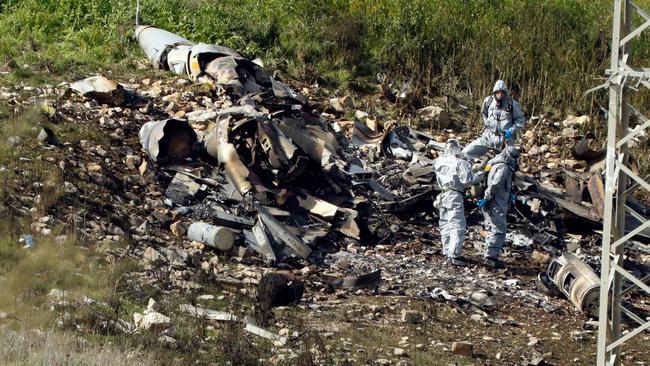 The rubble of an Israeli F-16 that crashed in Israel after coming under anti-aircraft fire over Syria. Picture: AFP