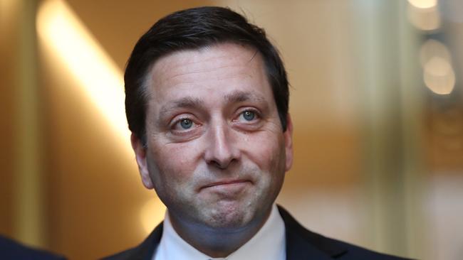 Matthew Guy leaves a Liberal leadership spill at Liberal Party Headquarters after defeating Michael O'Brien. Picture: NCA NewsWire / David Crosling