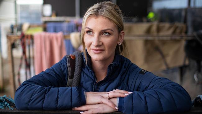 Jockey Jamie Kah at home on the Mornington Peninsula after her horror fall in March. Picture: Mark Stewart