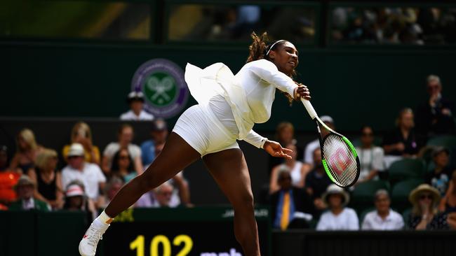 LONDON, ENGLAND - JULY 09:  Serena Williams of the United States in action during her Ladies' Singles fourth round match against Evgeniya Rodina of Russia at All England Lawn Tennis and Croquet Club on July 9, 2018 in London, England.  (Photo by Clive Mason/Getty Images)