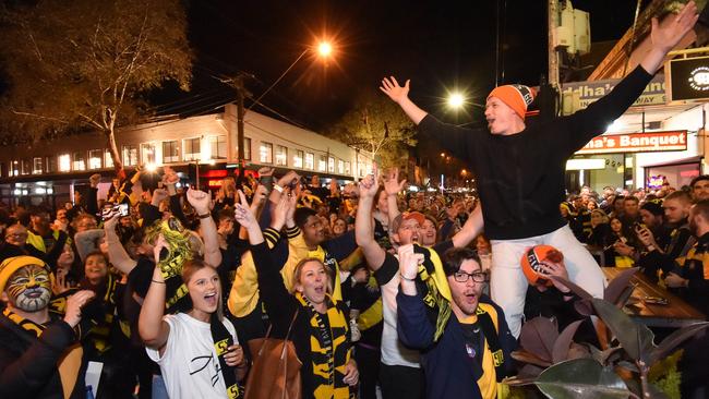 Richmond supporters celebrate after defeating Greater Western Sydney in 2019. Picture: Tony Gough