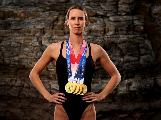 WOLLONGONG, AUSTRALIA - AUGUST 26: Australian swimmer Emma McKeon poses during a portrait session at the Wollongong Rockpool on August 26, 2021 in Wollongong, Australia. McKeon won a total of 7 medals at the Tokyo 2020 Olympic Games including 4 gold medals. McKeon now has 11 Olympic medals, the most of any Australian in history. (Photo by Brendon Thorne/Getty Images)