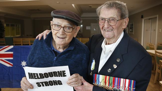 WWII veterans Ray Rees, 98, and Len Clarke, 94, at Estia Age Care Facility in Melton. Picture: David Caird