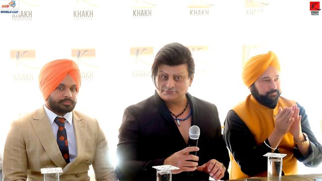 Lovedeep Khakh, left, with Jamal Khan and Luckee Kohli promoting a kabaddi tournament in 2019