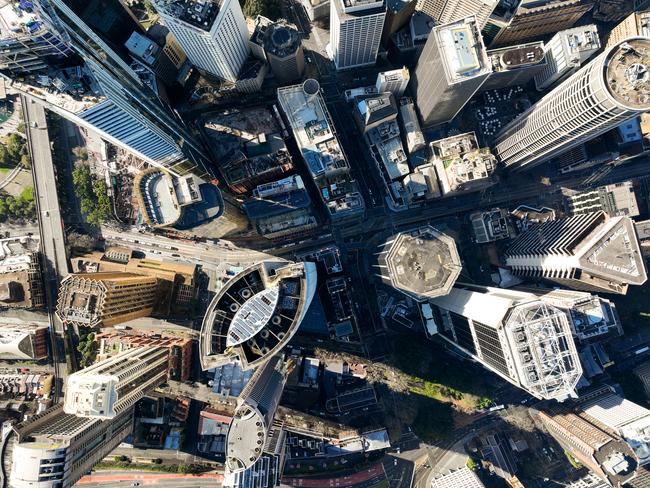 Aerial birds eye views of real estate and infrastructure in Sydney Australia of CBD