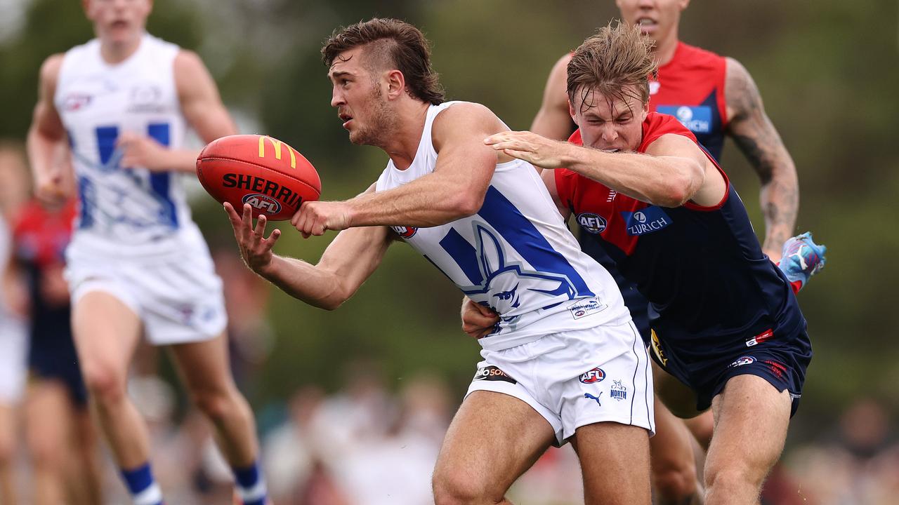 Playing in a pre-season practice game against Melbourne was as close as Will Phillips came to playing in the AFL this year. Picture: Michael Klein