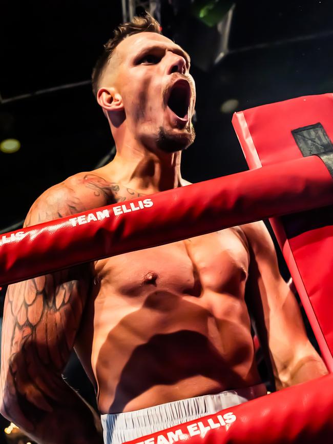 Smith celebrates in the ring just as hard as he did after a goal in the AFL. Picture: Nik Sfiry