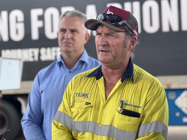 Infrastructure Minister Joel Bowden and trucker Andrew Ailmore announce fresh food is back on Top End shelves after floods disrupted supply. Picture: Fia Walsh