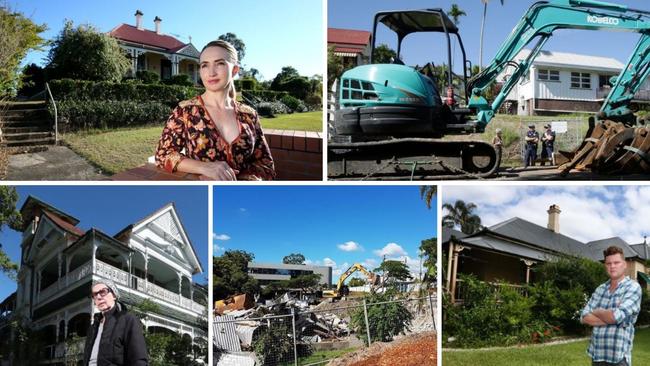 (clockwise from top left) Rebecca Kenny outside Goldicott House; an excavator at Jones St, Highgate Hill; Ed Slaughter outside Conon; Warriwa after bulldozers demolished it; Joy Lamb at Lamb House.