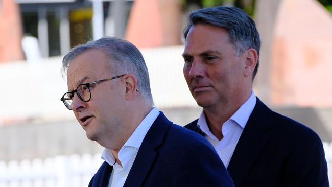 Prime Minister Anthony Albanese speaking alongside Deputy Prime Minister Richard Marles in Geelong on Saturday. Picture: NCA NewsWire / Luis Enrique Ascui