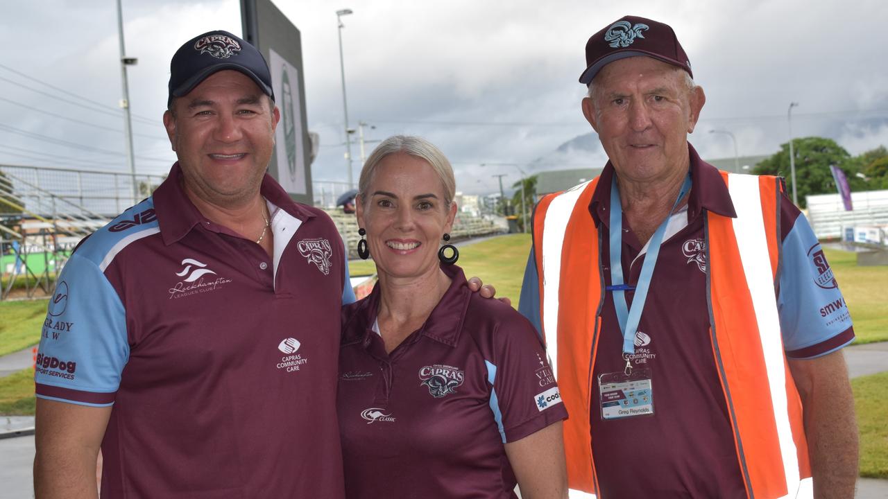 Brendon and Suzanne Pambid with Greg Reynolds at the Capras menâ&#128;&#153;s and womenâ&#128;&#153;s season openers at Browne Park, Rockhampton, on March 11, 2023.