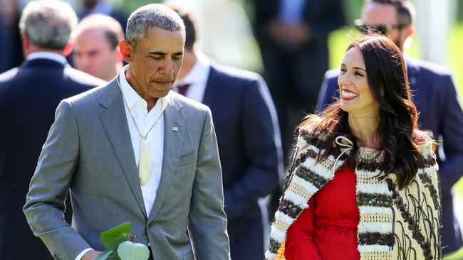 Barack Obama attends a powhiri with New Zealand Prime Minister Jacinda Ardern at Government House in Auckland during his first visit to New Zealand.