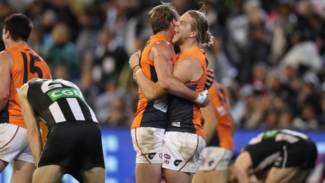 GWS Giants celebrate their win against Collingwood in the 2019 preliminary final. Picture: Michael Klein