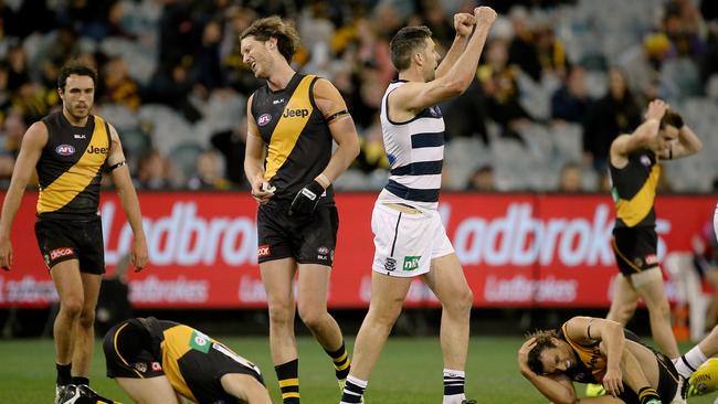 Geelong claims another victory against Richmond, in Round 21 last year. Picture: Wayne Ludbey