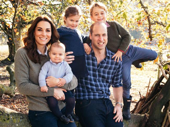 Prince William and Catherine, Duchess of Cambridge and their children Prince Louis of (2L), Princess Charlotte (C) and Prince George (R) at Anmer Hall in Norfolk. Picture: Supplied