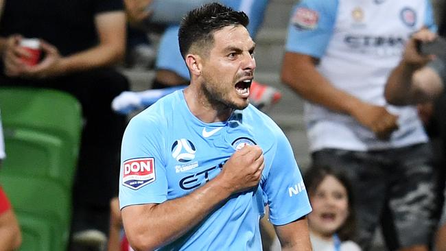 Bruno Fornaroli celebrates scoring from the penalty spot on his full return to the Melbourne City side.