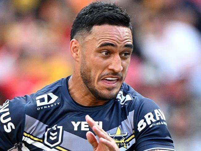 BRISBANE, AUSTRALIA - MARCH 10: Valentine Holmes of the Cowboys breaks through the defence during the round one NRL match between the Dolphins and North Queensland Cowboys at Suncorp Stadium, on March 10, 2024, in Brisbane, Australia. (Photo by Bradley Kanaris/Getty Images)