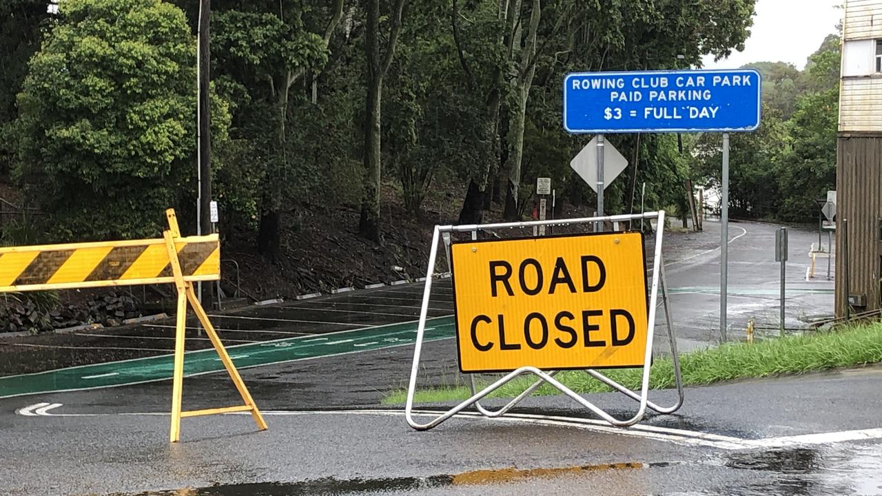 The rowing club car park is closed as the Wilsons River rises.