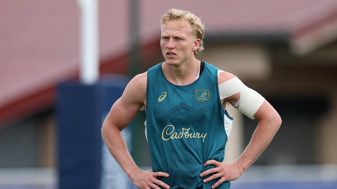 SAINT-ETIENNE, FRANCE - SEPTEMBER 21: Carter Gordon looks on during a Wallabies training session ahead of the Rugby World Cup France 2023, at Stade Roger Baudras on September 21, 2023 in Saint-Etienne, France. (Photo by Chris Hyde/Getty Images)