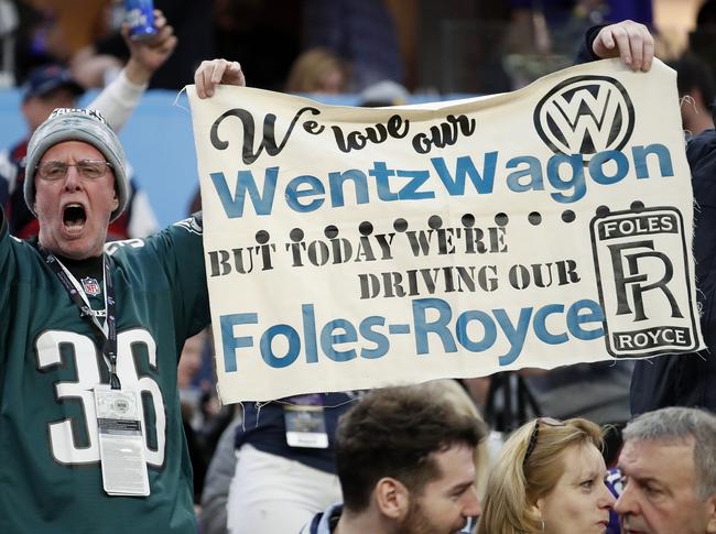 A Philadelphia Eagles fan cheers before the NFL Super Bowl 52 football game between the Eagles and the New England Patriots on February 4, 2018 in Minneapolis, Minnesota. Picture: AP