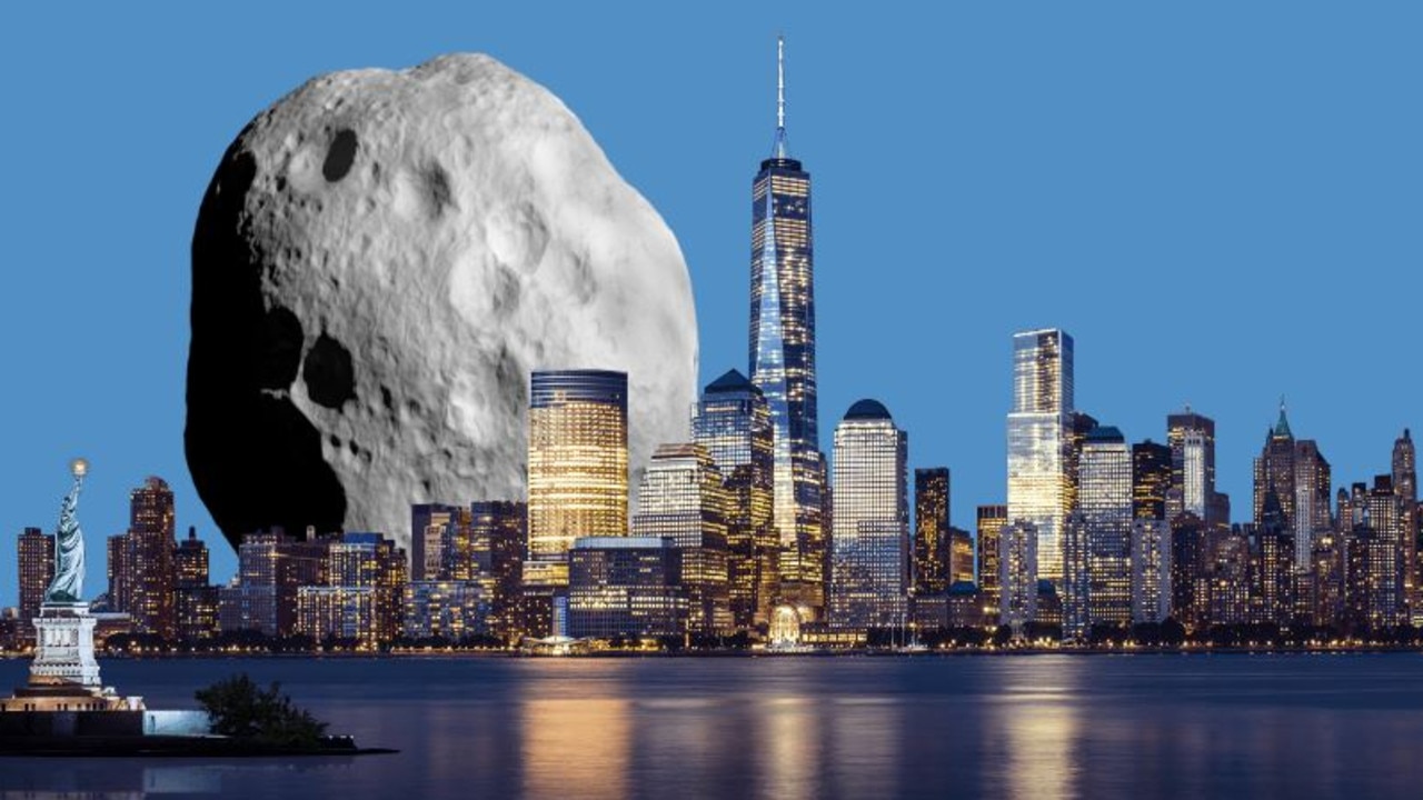 A size rendering of 2022 RM4 with the New York City skyline. Picture: Screenshot taken from SpaceReference.org.