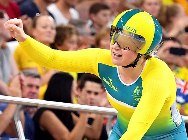 Stephanie Morton of Australia celebrates winning gold in Women's Sprint Finals, during day two of the XXI Commonwealth Games, at the Gold Coast, Australia, Friday, 6 April 2018 . (AAP Image/Dan Peled) NO ARCHIVING, EDITORIAL USE ONLY