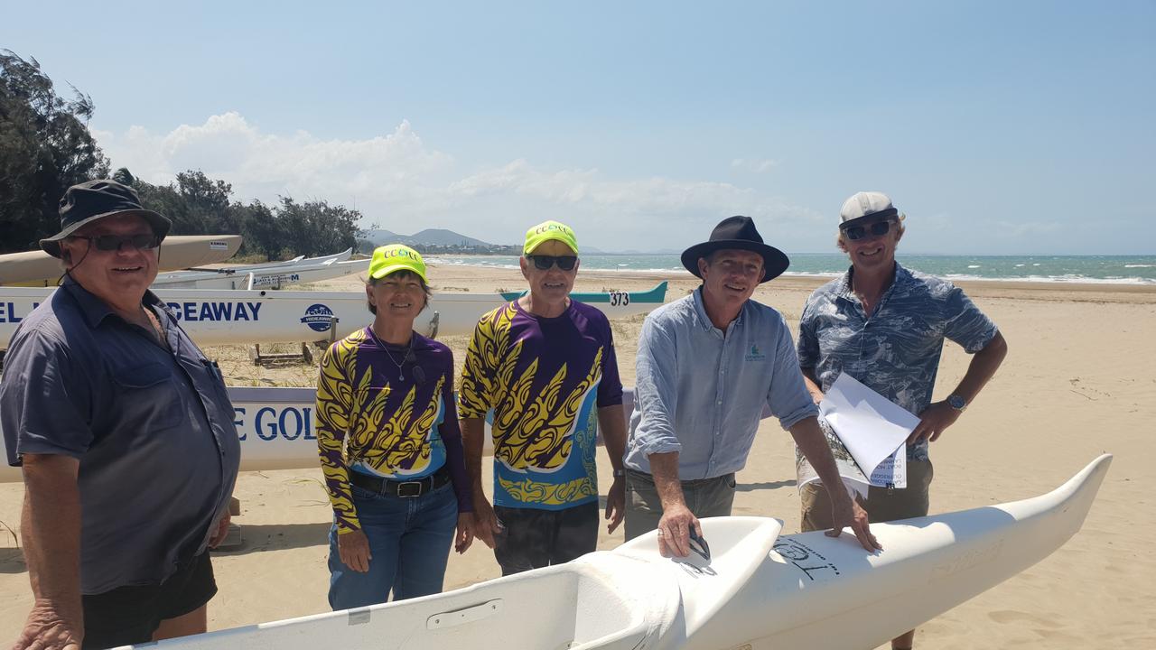 President of the Capricorn Coast Outrigger Canoe Club John Jennings, club members Ray and Karen Pomfrett, Cr Adam Belot and Cr Pat Eastwood at Lammermoor Beach, Yeppoon. Photo Darryn Nufer.