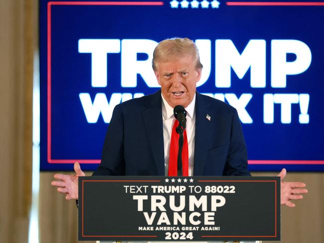 PALM BEACH, FLORIDA - OCTOBER 29: Republican presidential nominee, former U.S. President Donald Trump speaks during a press conference in the ballroom of the Mar-a-Lago Club on October 29, 2024 in Palm Beach, Florida. With one week until Election Day, Trump is scheduled to travel to the battleground state of Pennsylvania to campaign in Drexel Hill and Allentown.   Joe Raedle/Getty Images/AFP (Photo by JOE RAEDLE / GETTY IMAGES NORTH AMERICA / Getty Images via AFP)