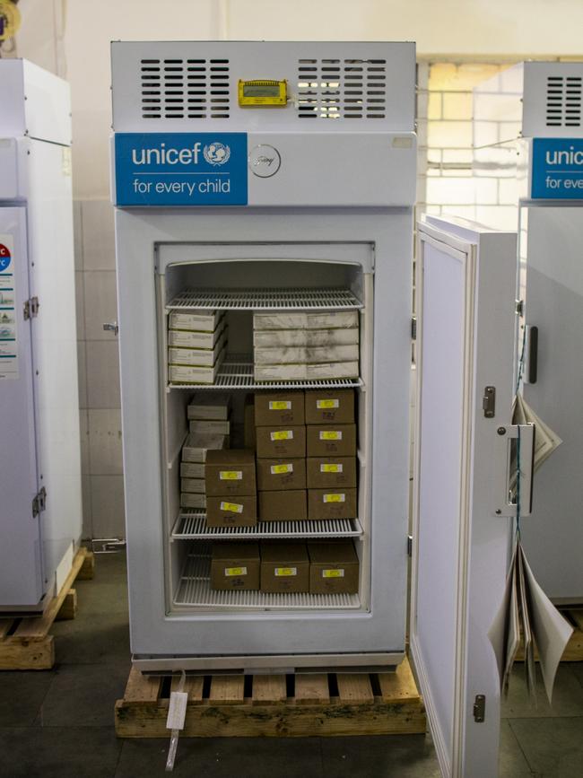 Covid-19 vaccines stored in Ice Lined Refrigerators supplied by UNICEF at MMG hospital in Ghaziabad, Uttar Pradesh, India. Picture: UNICEF