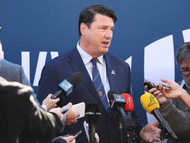 SYDNEY, AUSTRALIA - MAY 20:  Rugby Australia Chairman Hamish McLennan speaks to the media during the Australian Rugby World Cup 2027 bid launch at the Museum of Contemporary Art on May 20, 2021 in Sydney, Australia. (Photo by Matt King/Getty Images for Rugby Australia)