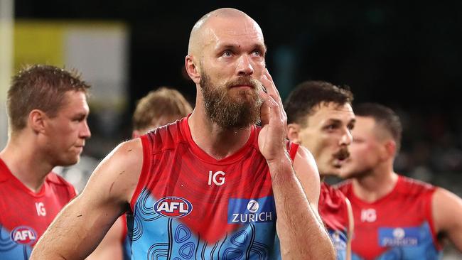 ADELAIDE, AUSTRALIA - MAY 19: Max Gawn of the Demons after the loss during the 2023 AFL Round 10 match between Yartapuulti/Port Adelaide Power and Narrm/Melbourne Demons at Adelaide Oval on May 19, 2023 in Adelaide, Australia. (Photo by Sarah Reed/AFL Photos via Getty Images)