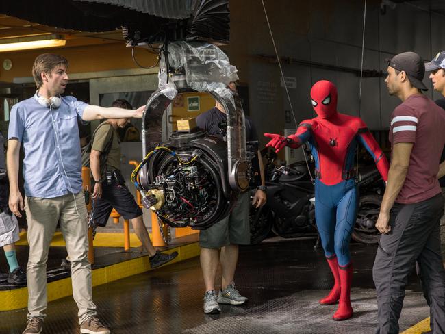 Director Jon Watts with actor Tom Holland and crew on the set of the upcoming Marvel movie Spider-Man: Homecoming. Picture: Chuck Zlotnick