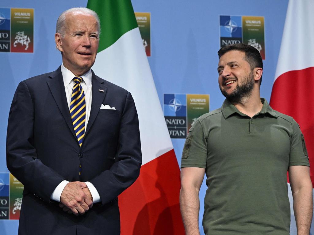 US President Joe Biden and Ukrainian President Volodymyr Zelenskyy join G7 leaders to announce a Joint Declaration of Support for Ukraine on July 12, 2023. Picture: AFP.