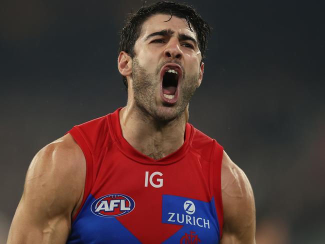 MELBOURNE, AUSTRALIA - MAY 09: Christian Petracca of the Demons celebrates after scoring a goal during the round nine AFL match between Carlton Blues and Melbourne Demons at Melbourne Cricket Ground, on May 09, 2024, in Melbourne, Australia. (Photo by Robert Cianflone/Getty Images)