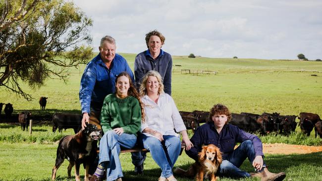 Yambuk farmers Andrew and Kerrie Graham with their children Millie, Tom and Sam (has the longer, auburn hair). Andrew is sharing what the has learnt about farm succession planning. Picture: Nicole Cleary