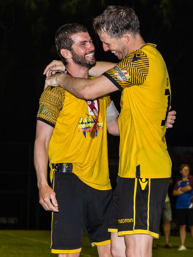 Edge Hill United captain Josh De Nittis and coach Crios O’Hare. Picture: Emily Barker.