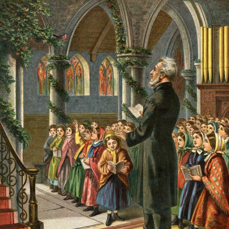 Victorian congregation singing Christmas carols in church
