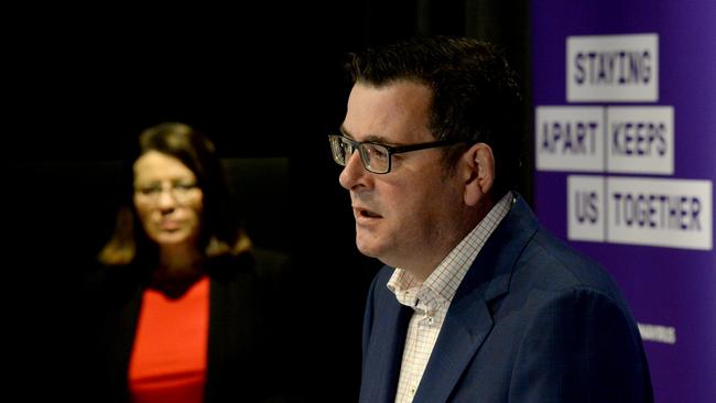 Victorian Premier Daniel Andrews and Health Minister Jenny Mikakos at the daily media conference on August 5. Picture: NCA NewsWire / Andrew Henshaw