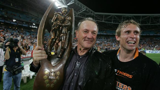 Tim Sheens and Brett Hodgson celebrate Wests Tigers’ one and only premiership, after they defeated North Queensland back in 2005. Picure: Gregg Porteous