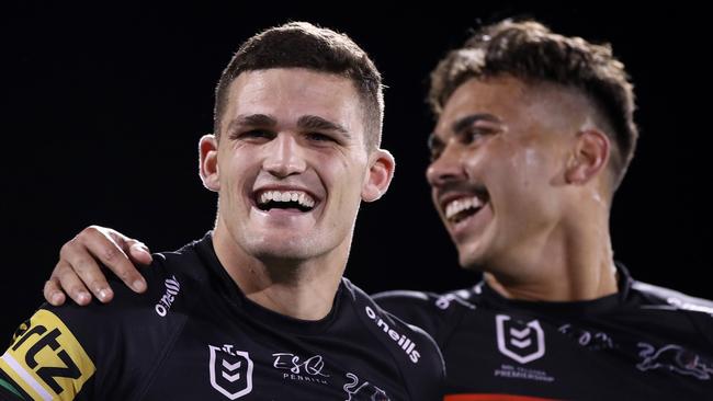 Nathan Cleary and Daine Laurie of the Panthers celebrate after winning the round 15 NRL match between the Penrith Panthers and the Cronulla Sharks at Panthers Stadium on August 21, 2020 in Sydney, Australia. (Photo by Mark Kolbe/Getty Images)