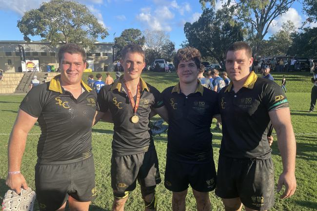 St Laurence's Doubles Daley winner, flanker Henry Page, second from the left, with the front row of Luka Smith, far left, hooker Brad Smith and prop Vin Rix, far right.
