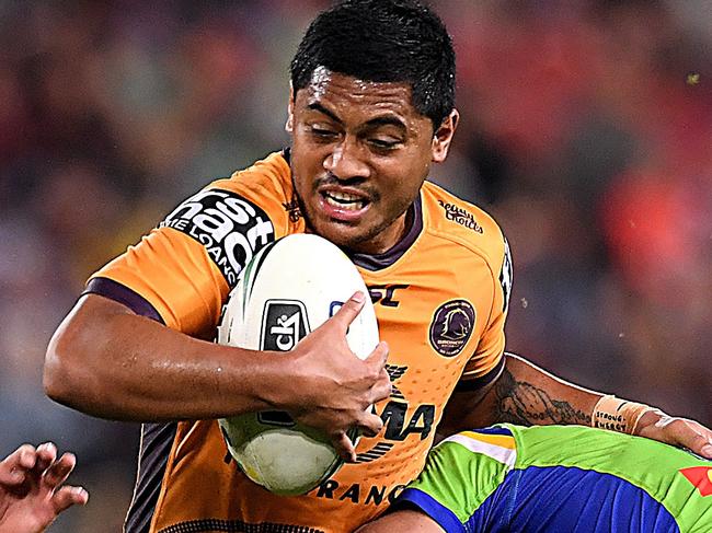 Anthony Milford of the Broncos is tackled during the Round 16 NRL match between the Brisbane Broncos and the Canberra Raiders at Suncorp Stadium in Brisbane, Saturday, June 30, 2018. (AAP Image/Albert Perez) NO ARCHIVING, EDITORIAL USE ONLY