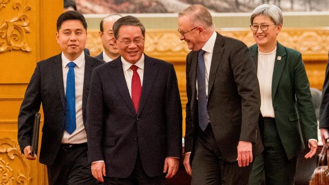 Prime Minister Anthony Albanese and Foreign Minister Penny Wong with Chinese Premier Li Qiang in the Great Hall of the People in Beijing in November, 2023. Picture: PMO